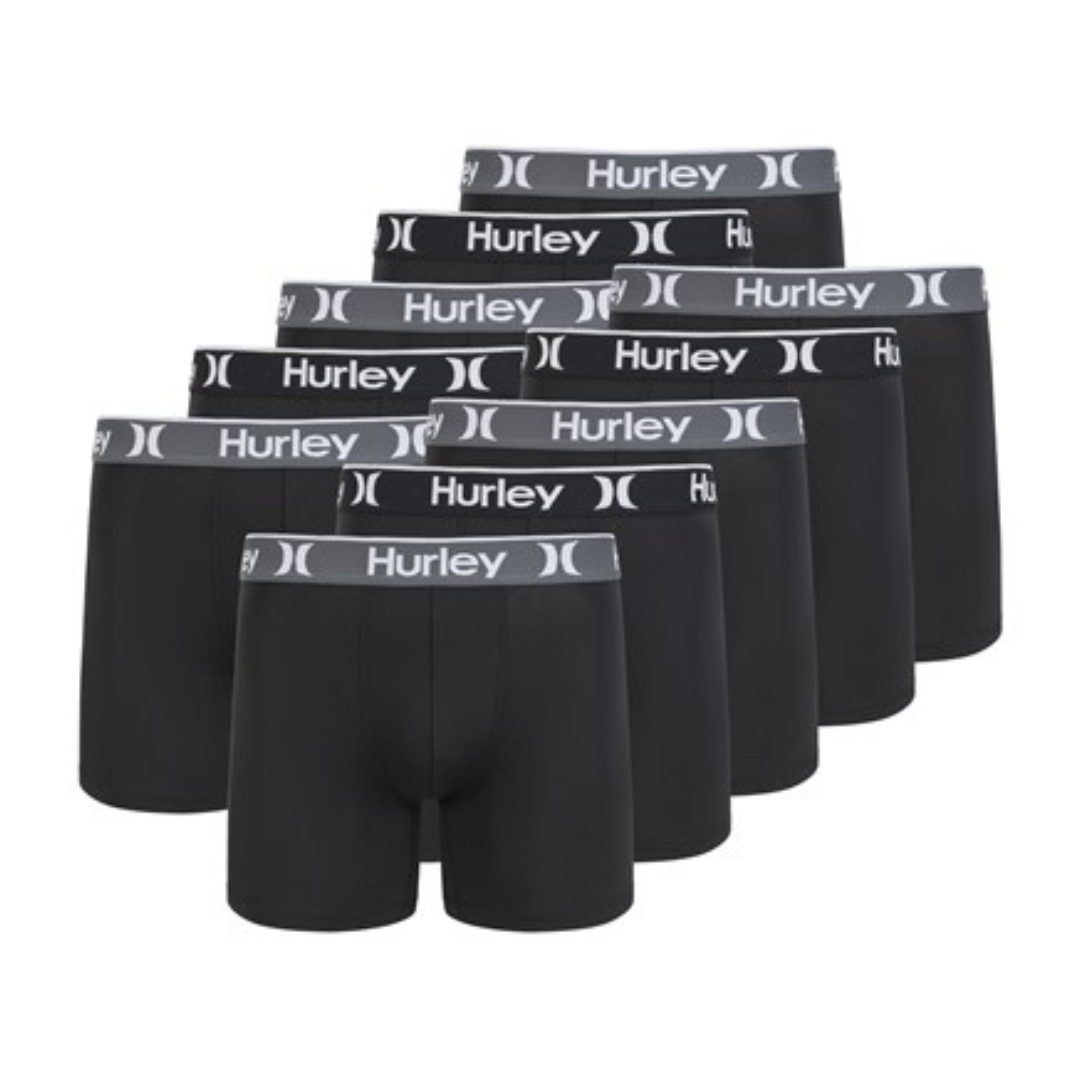 10-pack of black Hurley boxer briefs with a gray waistband featuring the Hurley logo and insignia in white.