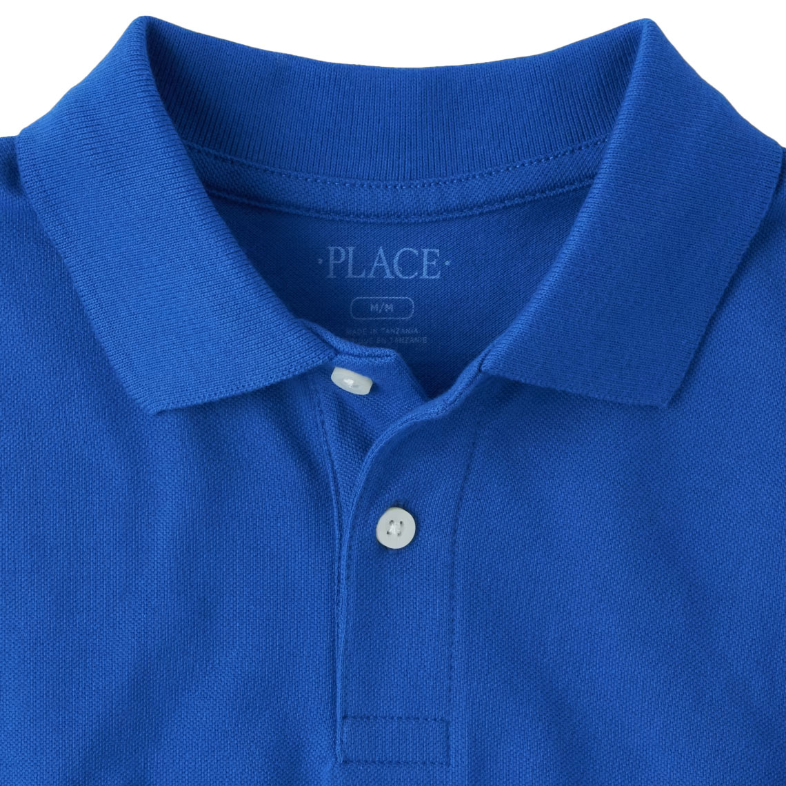Blue polo shirt with collar and two white buttons, featuring the brand \“PLACE\“ inside the neck area.
