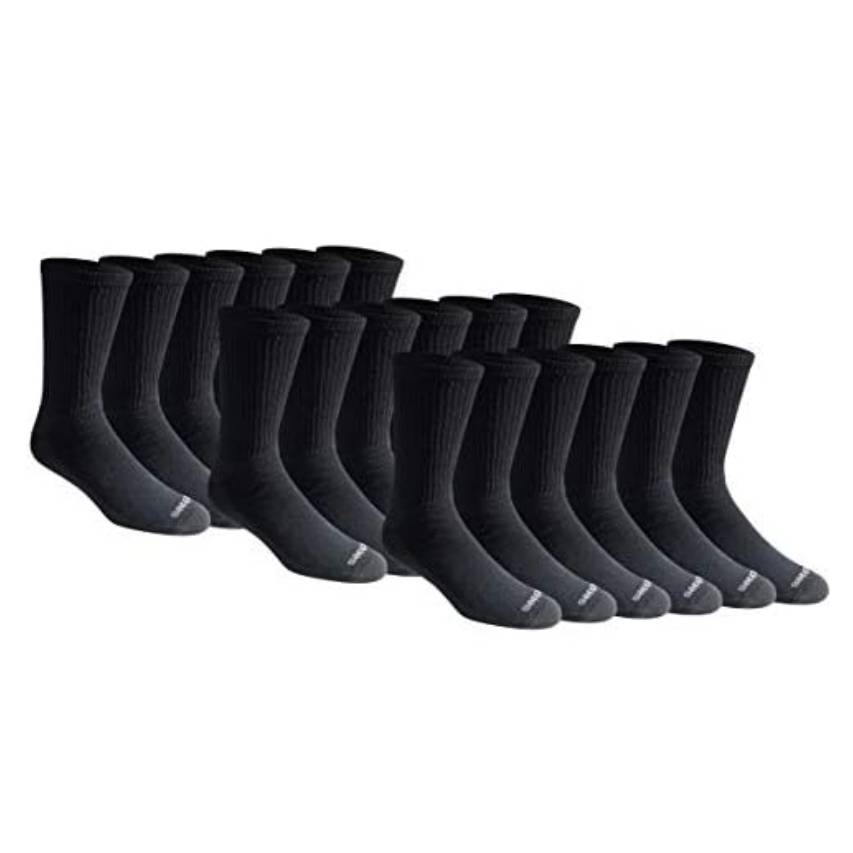 18 pairs of black crew socks with ribbed tops and cushioned soles, featuring a small logo near the toes.
