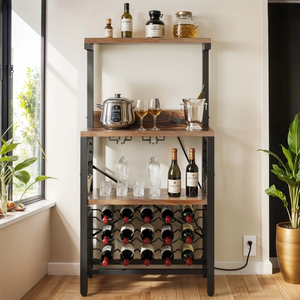 A wooden and metal bar table with shelves, featuring wine bottles, glasses, and kitchenware. It includes a 20-bottle wine rack, liquor storage, and hanging stemware holders, ideal for kitchen or dining room use.