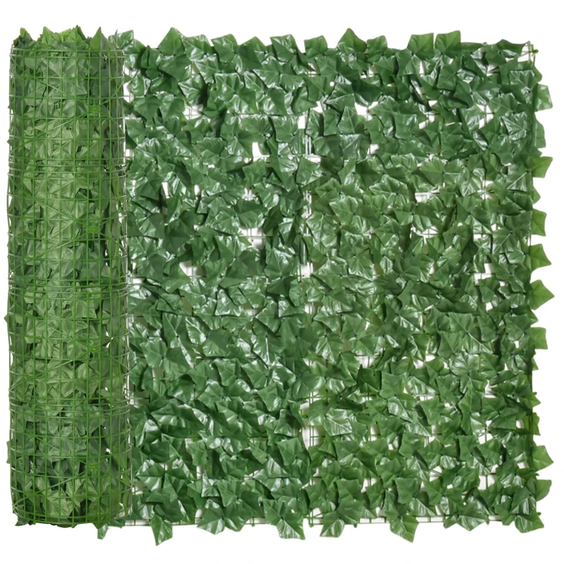 A faux-ivy fence roll, shown partially unrolled, featuring realistic green leaves on a grid backing for coverage and privacy.