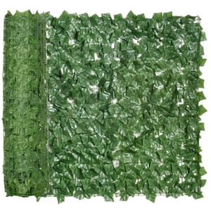 A faux-ivy fence roll, shown partially unrolled, featuring realistic green leaves on a grid backing for coverage and privacy.
