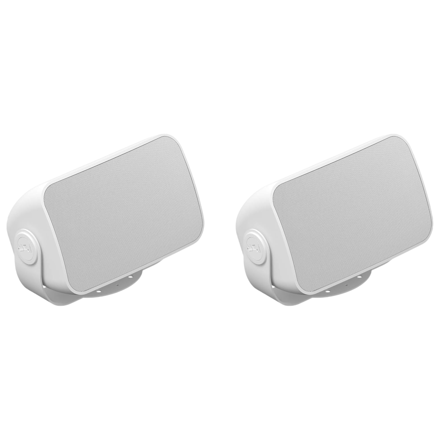 Two white wall-mounted speakers with perforated metal grills and adjustable brackets.