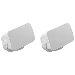 Two white wall-mounted speakers with perforated metal grills and adjustable brackets.