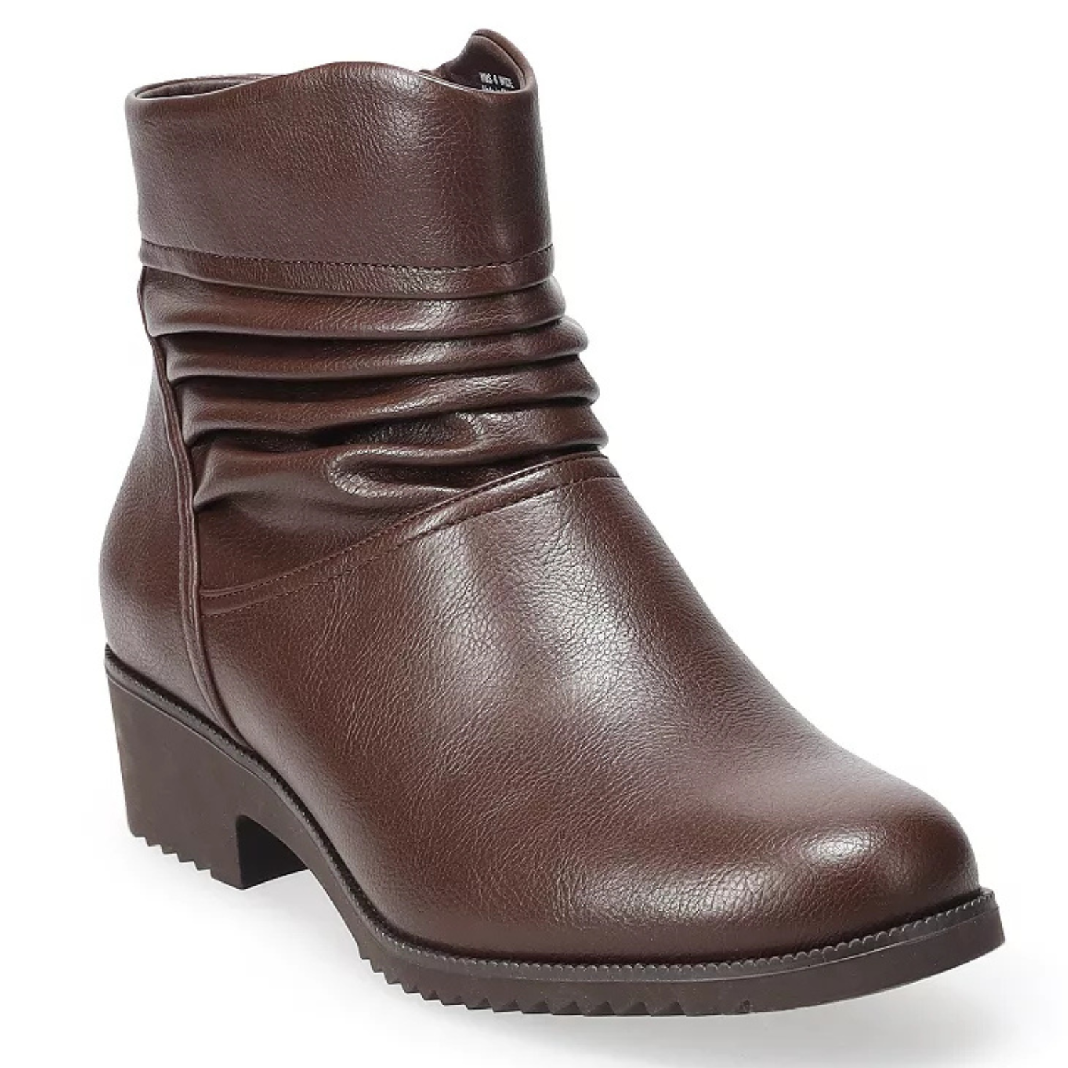 Brown faux-leather ankle boots with a ruched design, round toe, and low block heel.