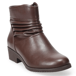 Brown faux-leather ankle boots with a ruched design, round toe, and low block heel.