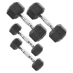 A set of hex dumbbells with rubber-coated ends; includes weights labeled 5, 10, and 20.