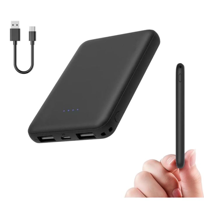 A slim, black power bank with two USB ports and LED indicators, accompanied by a USB to micro USB charging cable.