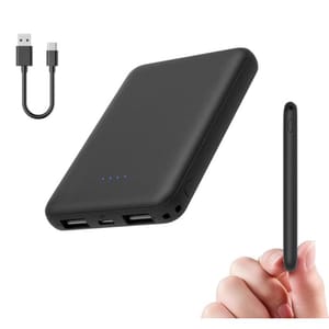 A slim, black power bank with two USB ports and LED indicators, accompanied by a USB to micro USB charging cable.