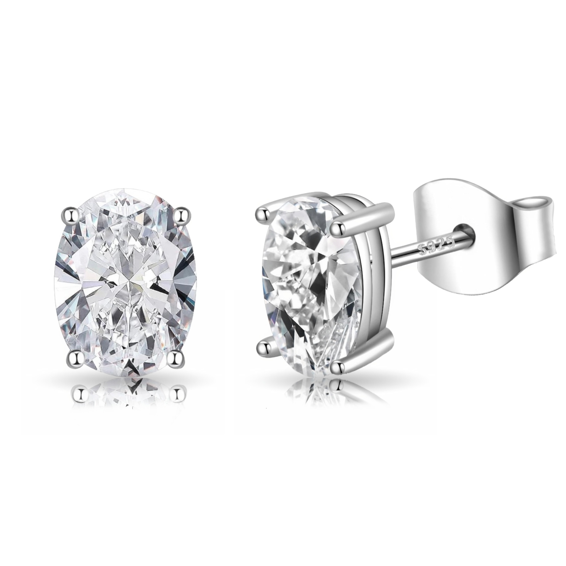 A pair of stud earrings featuring oval-cut, clear gemstones set in a four-prong design with sterling silver posts and butterfly backs marked \“S925.\“