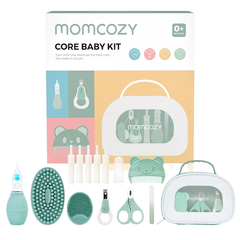Momcozy Core Baby Kit includes essential baby care items like a nasal aspirator, brush, comb, nail clippers, scissors, and more, all in a carrying case. Suitable for newborns 0+ months.
