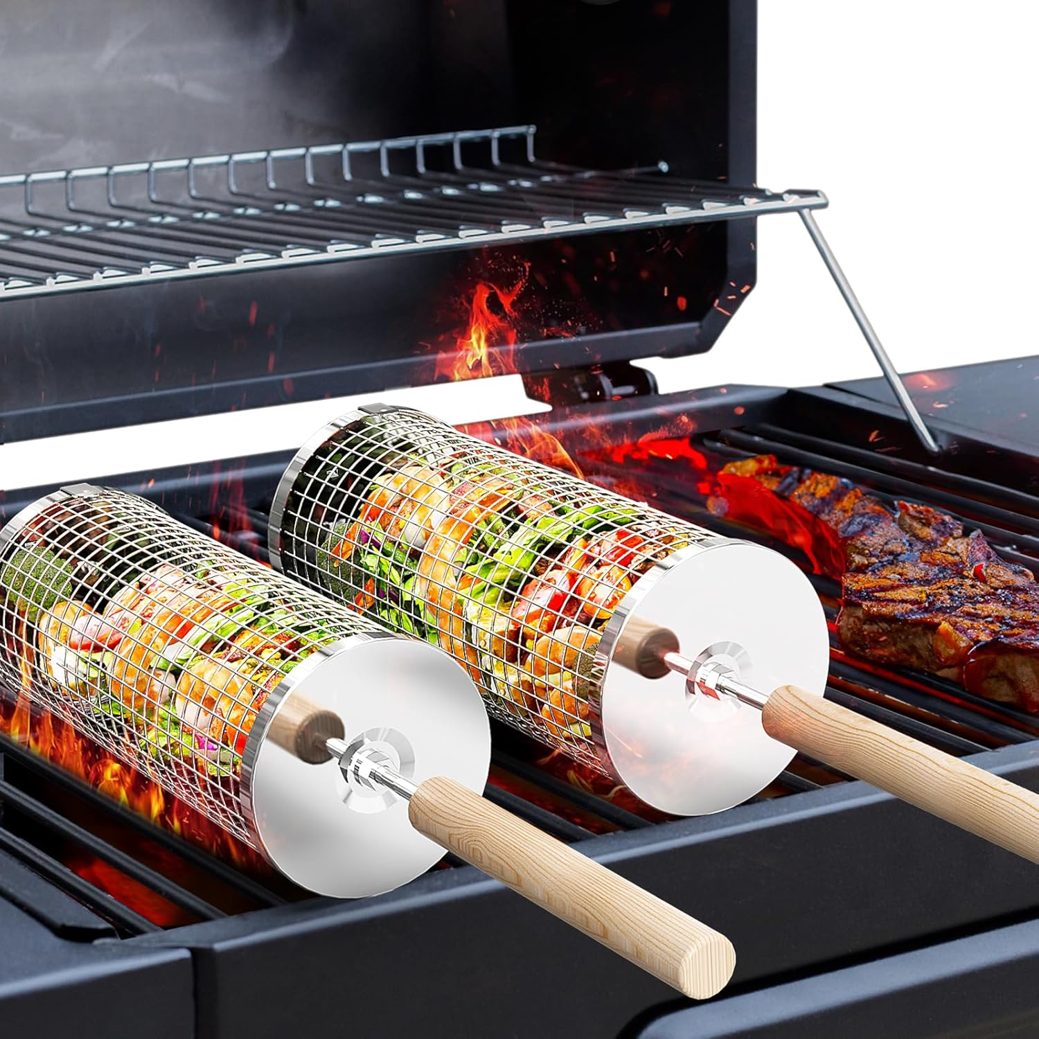 Two rotisserie grill baskets with wooden handles are placed on a grill, containing skewered vegetables.