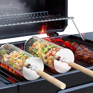 Two rotisserie grill baskets with wooden handles are placed on a grill, containing skewered vegetables.