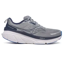A gray and navy Saucony running shoe with a thick white midsole and PWRRUN cushioning, featuring breathable mesh upper and a blue outsole.