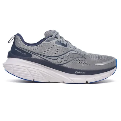 A gray and navy Saucony running shoe with a thick white midsole and PWRRUN cushioning, featuring breathable mesh upper and a blue outsole.