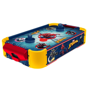 Spider-Man themed miniature air hockey table with colorful illustrations and two mallets, featuring characters like Spider-Man on the surface.