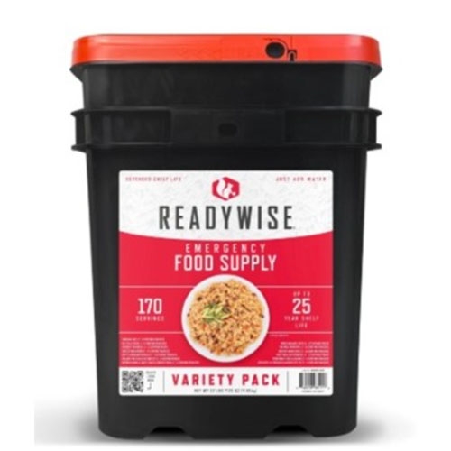 ReadyWise Emergency Food Supply offers 170 servings with a 25-year shelf life, packaged in a black bucket with a red lid. It's labeled as a variety pack, featuring an image of food on the front.