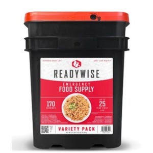 ReadyWise Emergency Food Supply offers 170 servings with a 25-year shelf life, packaged in a black bucket with a red lid. It's labeled as a variety pack, featuring an image of food on the front.
