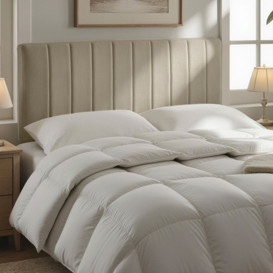 Bedroom with a beige upholstered headboard, white bedding, and two wooden nightstands with traditional lamps. A landscape painting and houseplants complete the decor.