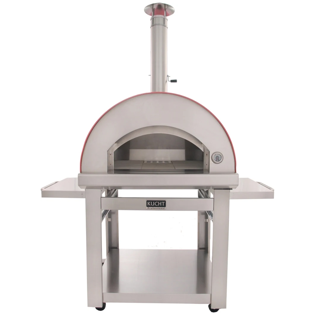 Kucht Pizza Oven is a stainless steel outdoor pizza oven with a cylindrical chimney, arched opening, and side shelves. It features wheels for mobility and a built-in thermometer for temperature monitoring.