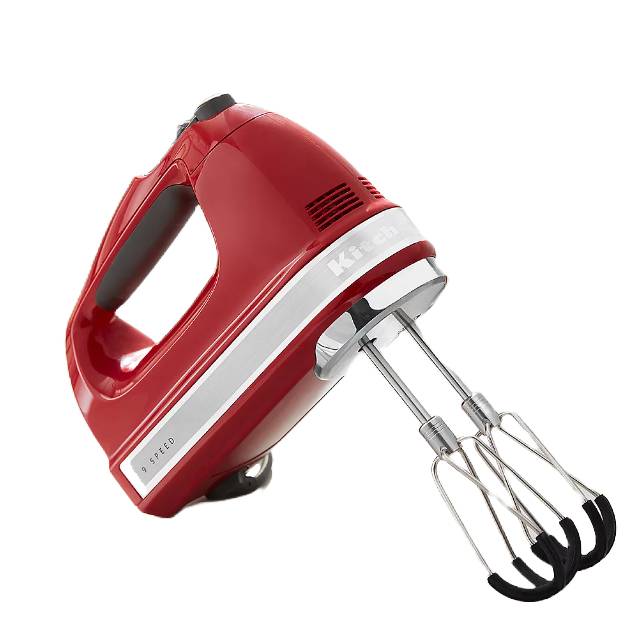 The KitchenAid 9-Speed Hand Mixer is a red, handheld kitchen appliance featuring dual stainless-steel beaters, a comfortable grip handle, and variable speed control for a range of tasks from mixing to whipping.