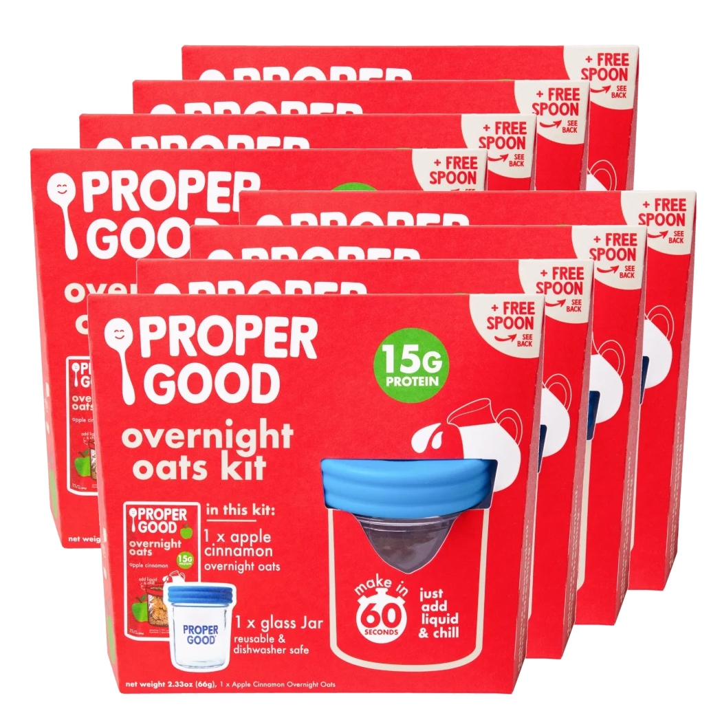 Proper Good Overnight Oats Kit includes 8 packs of Apple Cinnamon overnight oats, each with a reusable glass jar and free spoon. Each kit provides 15g protein and can be prepared in 60 seconds by adding liquid and chilling.
