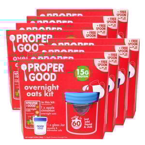 Proper Good Overnight Oats Kit includes 8 packs of Apple Cinnamon overnight oats, each with a reusable glass jar and free spoon. Each kit provides 15g protein and can be prepared in 60 seconds by adding liquid and chilling.