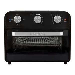 A black Kalorik 22L Air Fryer Toaster Oven featuring dials for power, mode, timer, and temperature settings, with a visible internal rack and a translucent front door.