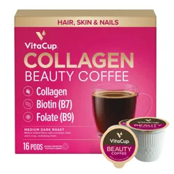 VitaCup Collagen Beauty Coffee with collagen, biotin (B7), and folate (B9), featuring a medium dark roast with cinnamon notes. Includes 16 recyclable, BPA-free pods.