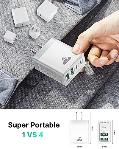 Compact USB wall charger with multiple ports shown alongside various individual chargers; dimensions: 70mm x 45mm x 27mm. Super portable 1 VS 4 feature highlighted.
