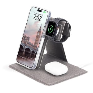 The Case-Mate Foldable Power Station is a compact, fabric-covered charging stand designed for simultaneously holding and charging a smartphone, smartwatch, and wireless earbuds.