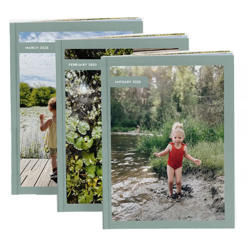 Three photo calendars for January, February, and March 2025, featuring different outdoor nature scenes with children.