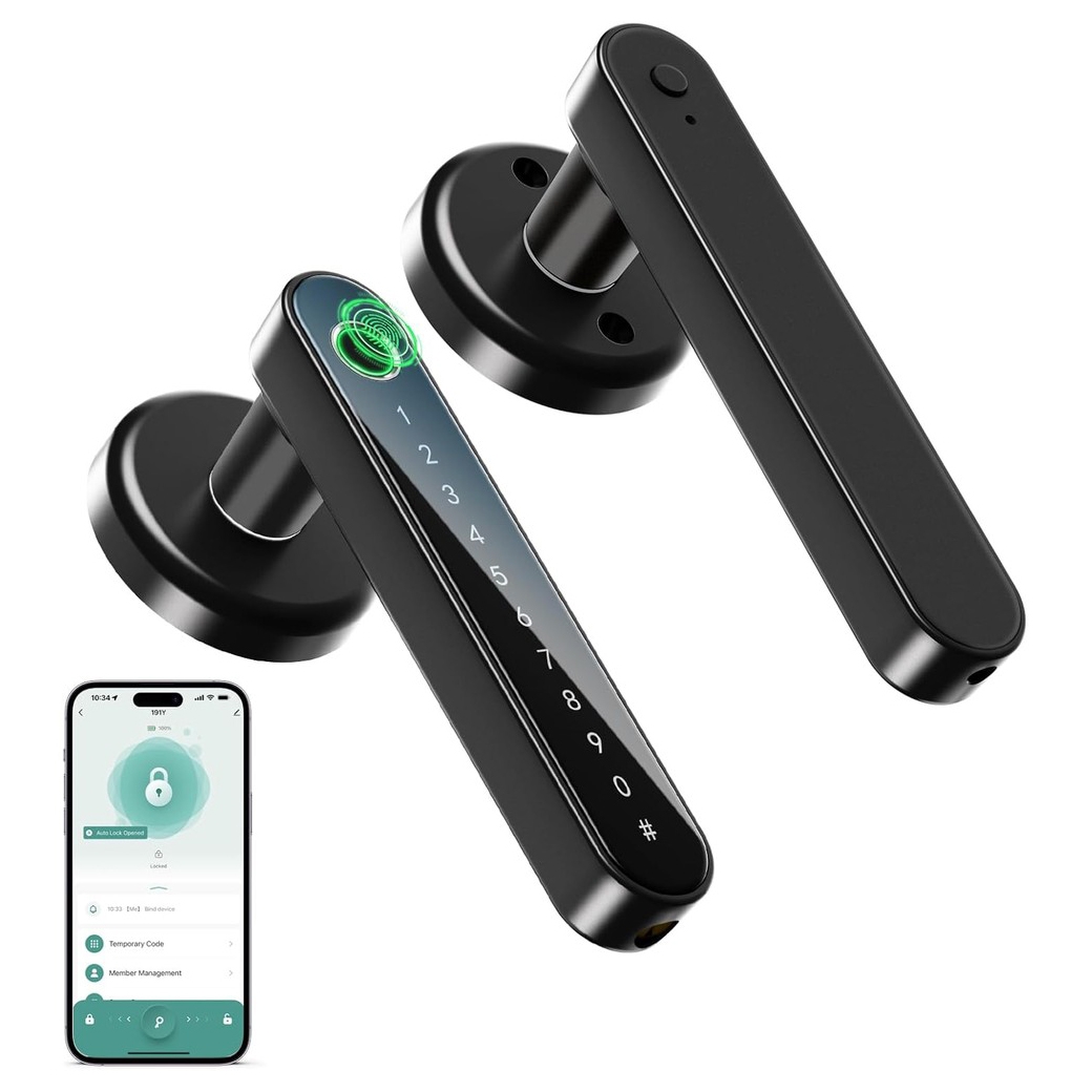 Fingerprint Smart Door Lock with touch keypad features a sleek black design and is accompanied by a smartphone app for remote control and management.