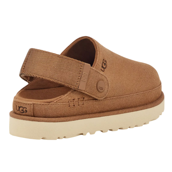 A brown UGG slipper with a heel strap, featuring a cushioned sole and the UGG logo on the back and strap, suitable for casual wear.