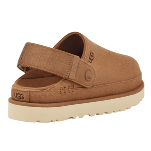 A brown UGG slipper with a heel strap, featuring a cushioned sole and the UGG logo on the back and strap, suitable for casual wear.