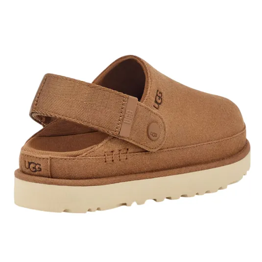 A brown UGG slipper with a heel strap, featuring a cushioned sole and the UGG logo on the back and strap, suitable for casual wear.