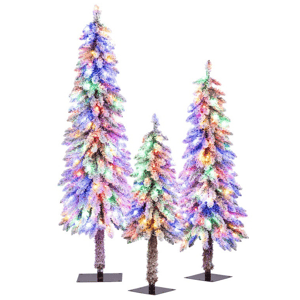 Set of three artificial Christmas trees with multicolored lights, featuring a frosted, snowy appearance. The trees are of varying heights and have square bases.