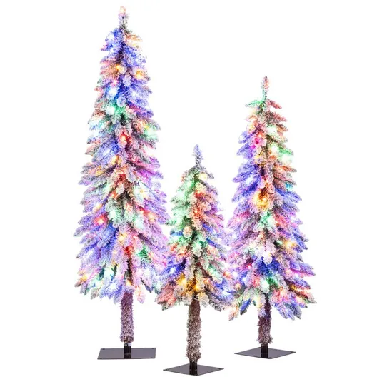 Set of three artificial Christmas trees with multicolored lights, featuring a frosted, snowy appearance. The trees are of varying heights and have square bases.