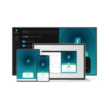 The 3-Year Surfshark VPN Subscription includes coverage for multiple devices such as a smartphone, tablet, laptop, and TV, providing secure internet browsing.