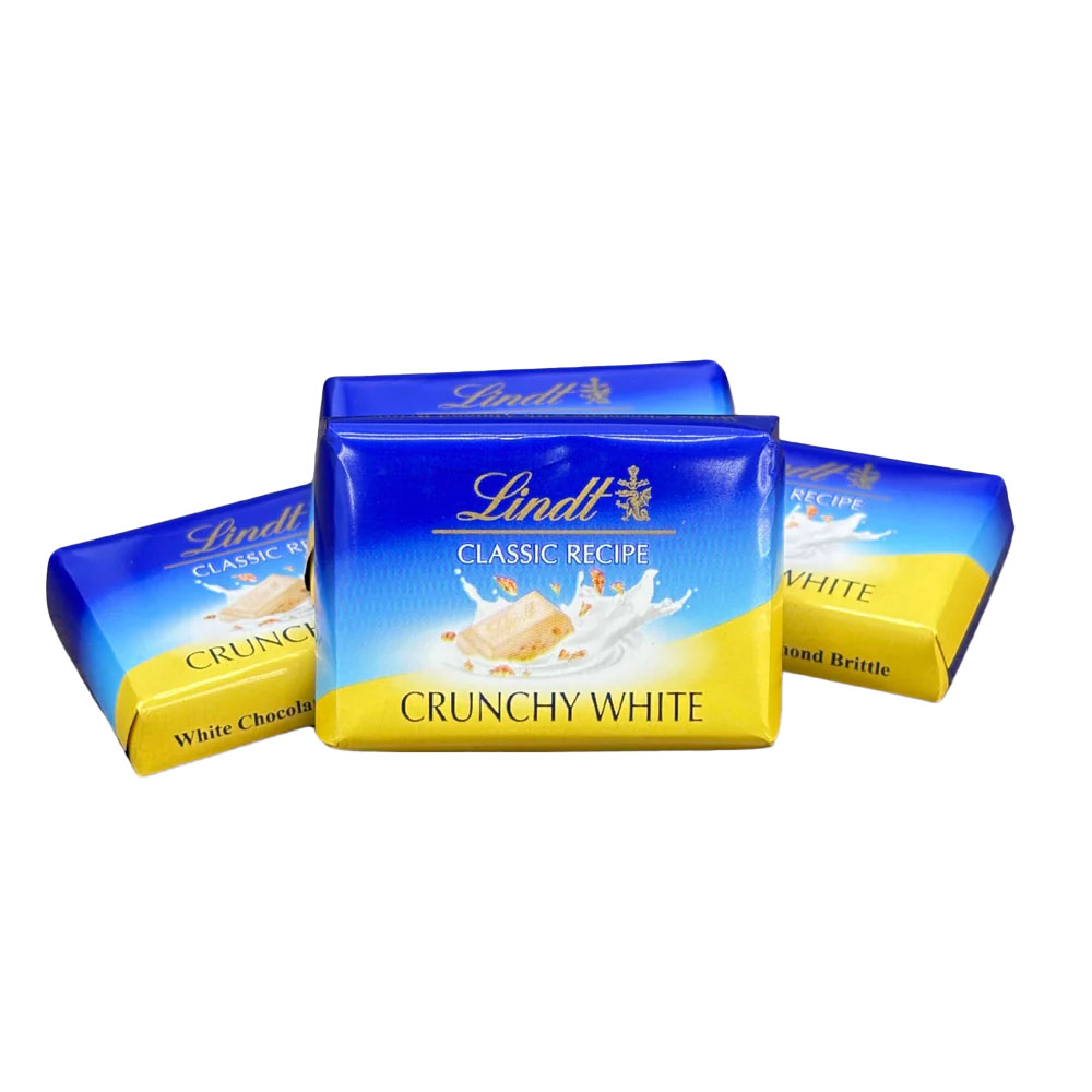 Lindt Classic Recipe Crunchy White Chocolate features 5lb of individually wrapped bars with a blue and yellow design. The chocolate is infused with almond brittle pieces for added crunch.
