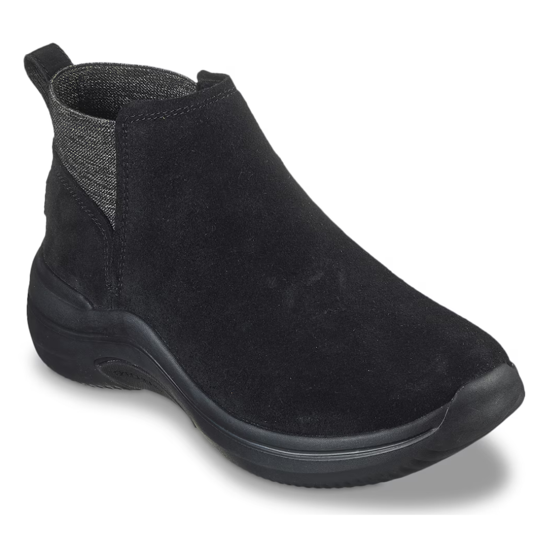 Black suede ankle boot with a slight heel and pull-on tab.