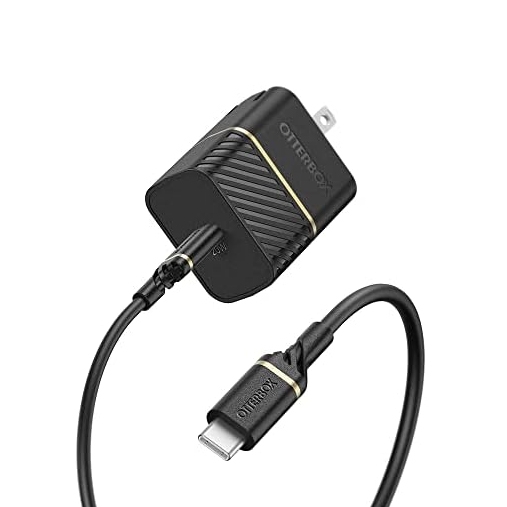 Otterbox Wall Charger with a USB-C connection features a sleek black design with a subtle gold accent and the Otterbox logo. It includes a matching USB-C cable that appears durable and reinforced at the connectors.