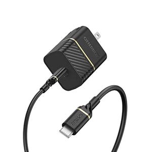 Otterbox Wall Charger with a USB-C connection features a sleek black design with a subtle gold accent and the Otterbox logo. It includes a matching USB-C cable that appears durable and reinforced at the connectors.