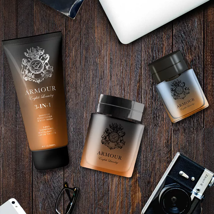 Three grooming items: a tube labeled 3-in-1 shampoo, conditioner, and body wash, and two jars of what seems to be face cream.