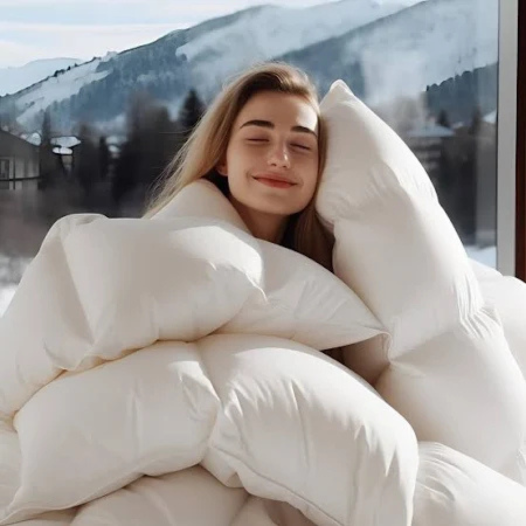 A person is wrapped in a fluffy white duvet, enjoying the warmth, with snow-covered mountains visible through a window in the background.
