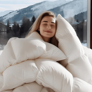 A person is wrapped in a fluffy white duvet, enjoying the warmth, with snow-covered mountains visible through a window in the background.