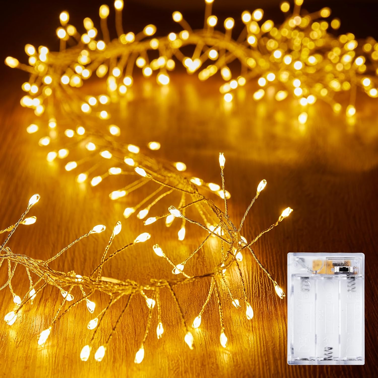 String lights with a warm glow and a clear battery pack, ideal for decorative purposes.