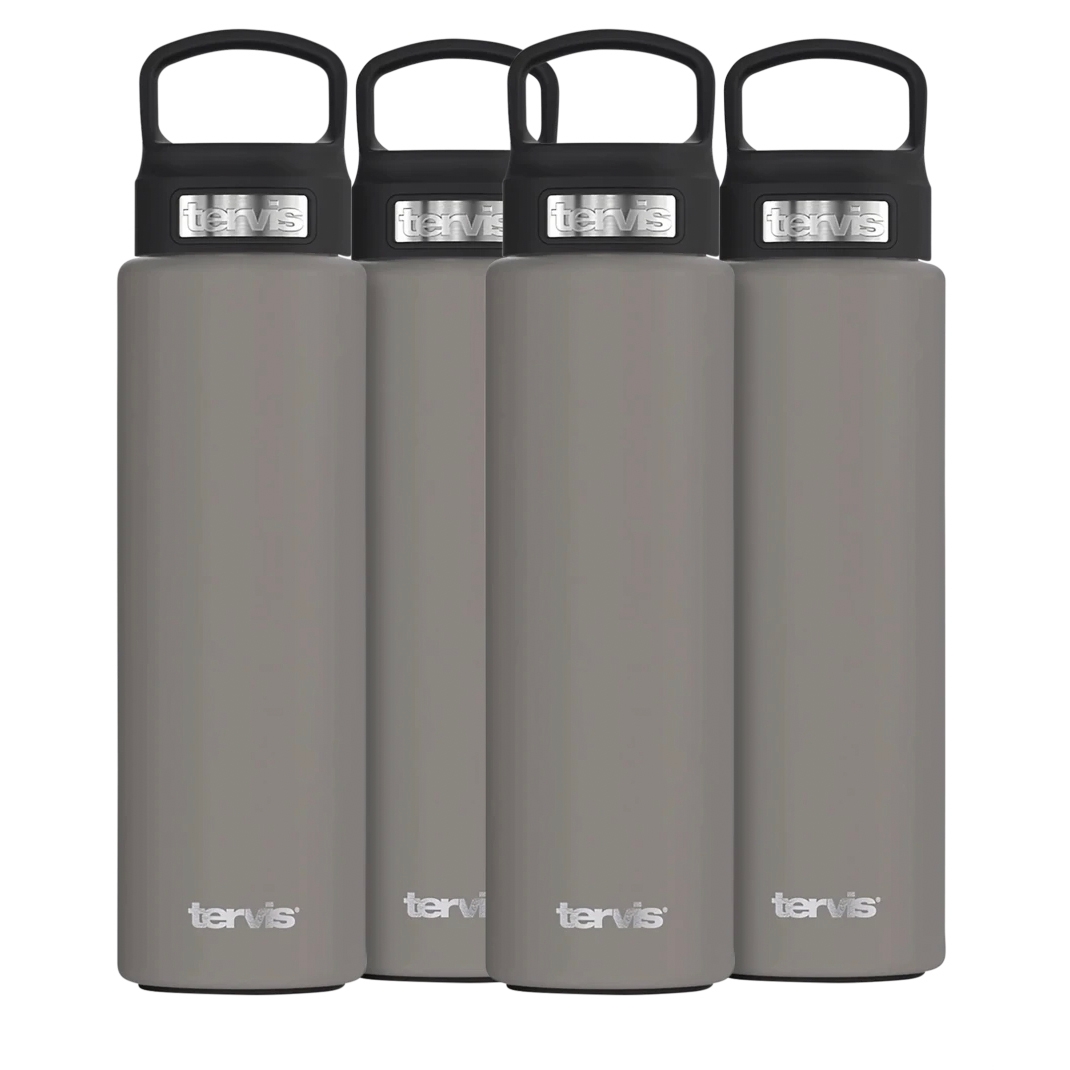 4-pack of gray 24oz Tervis steel bottles with black caps and carrying handles, featuring the Tervis logo in silver on both the lids and the base.