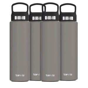 4-pack of gray 24oz Tervis steel bottles with black caps and carrying handles, featuring the Tervis logo in silver on both the lids and the base.