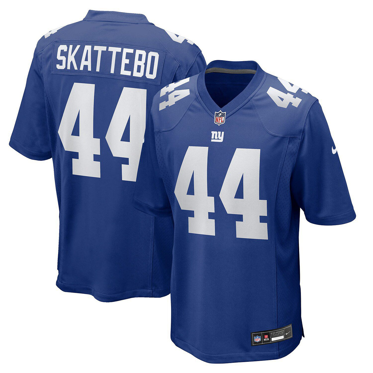 Blue New York Giants football jersey with \“SKATTEBO\“ and number 44 on the back, featuring the NFL and Nike logos.